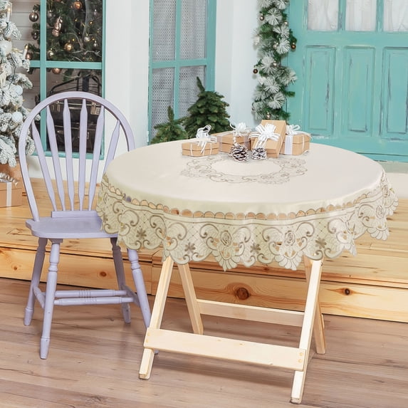 Piccocasa Light Beige Rose Flower Embroidered Lace Round Tablecloth, Diameter 59"/70"/86"