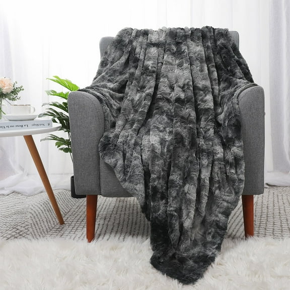 PiccoCasa Luxury Faux Fur Bed Blanket 60"x 78" Throw Blankets for Couch Bed, Dark Gray