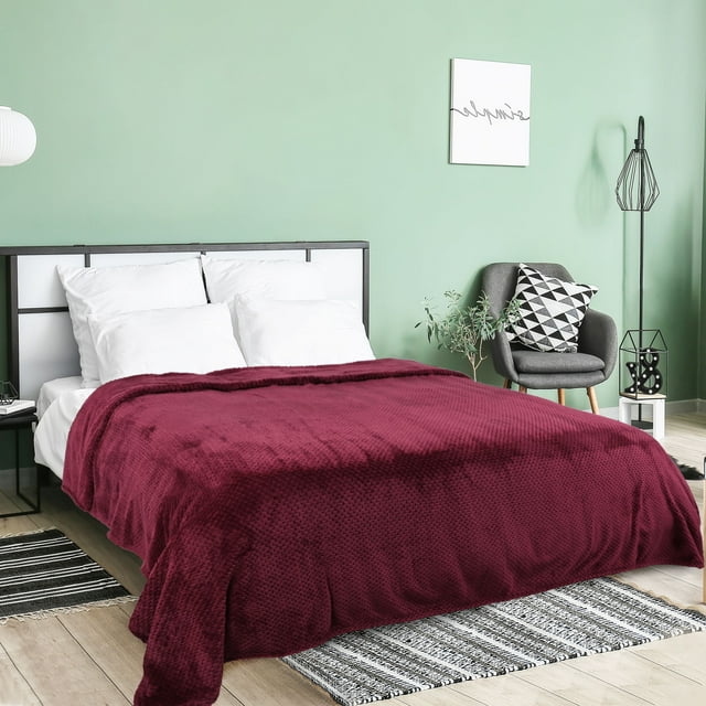 PiccoCasa Luxury Fleece Bed Blanket Woven Mesh Burgundy 90"x90