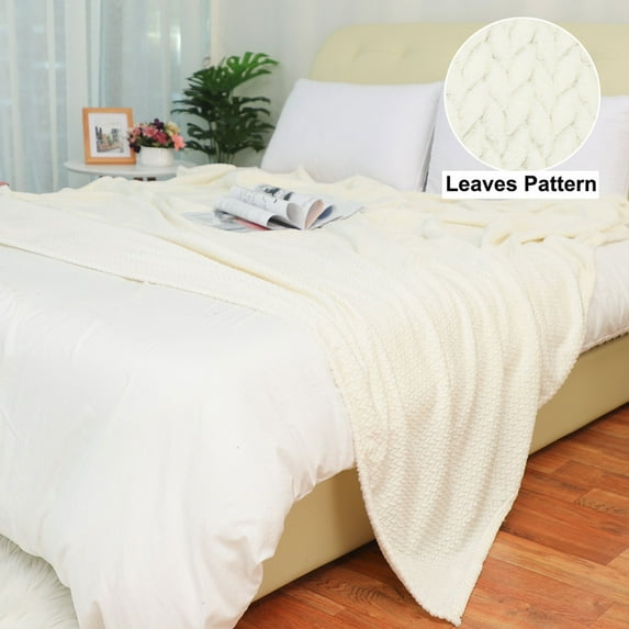 PiccoCasa Luxury Leaves Throws Flannel Fleece Bed Blanket, 78"x90" Cream White