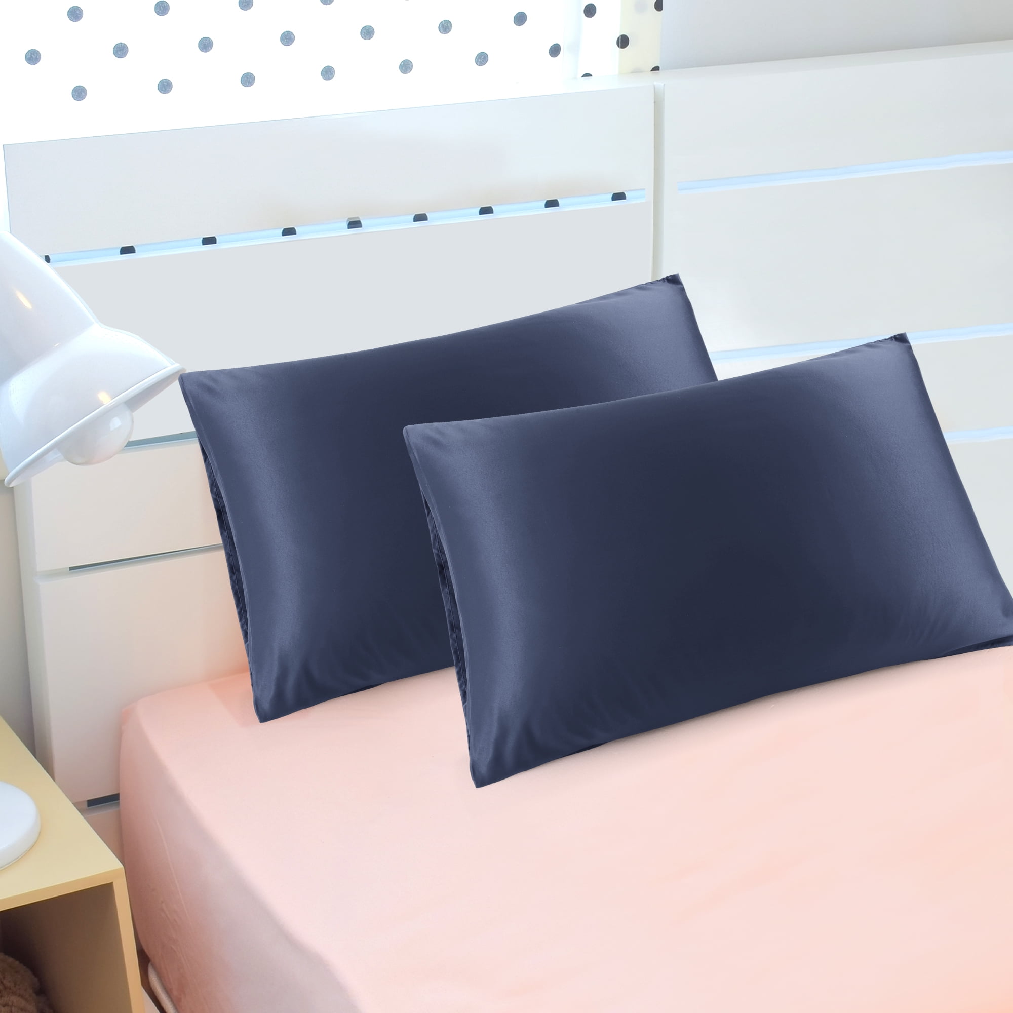PiccoCasa Luxury Satin Pillowcases Silky Pillow Cover Set of 2, Navy