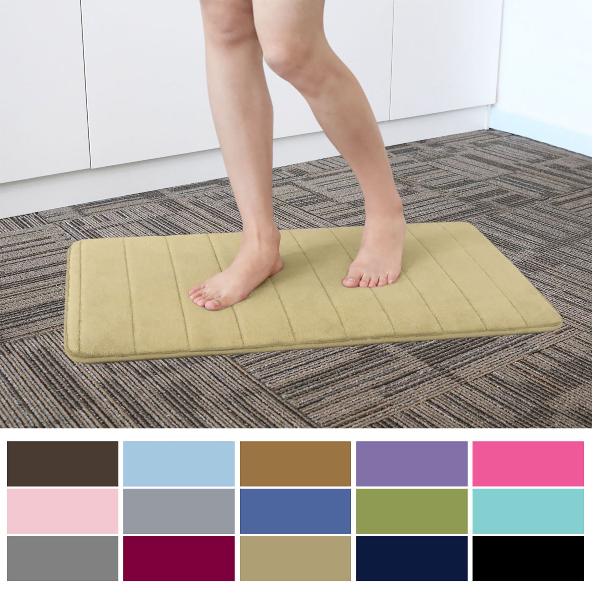 PiccoCasa Memory Foam Bath Mat Thin Absorbent Bath Rug Mat for Bathroom, Beige 32" x 20"