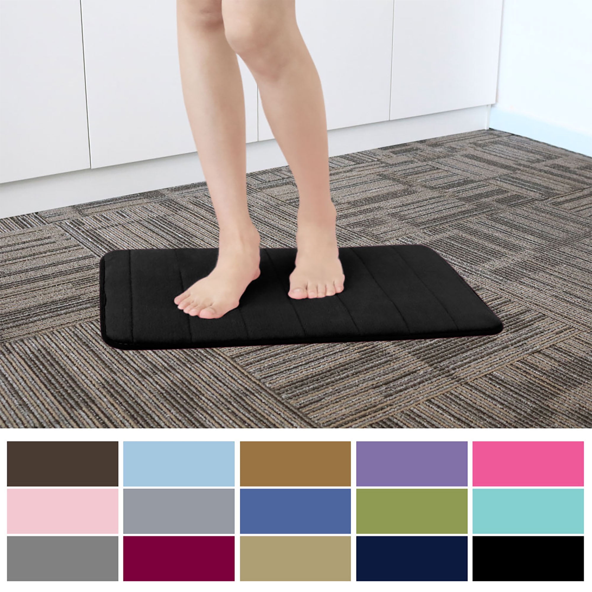 PiccoCasa Memory Foam Bath Mat Thin Absorbent Bath Rug Mat for Bathroom, Black 24" x 16"