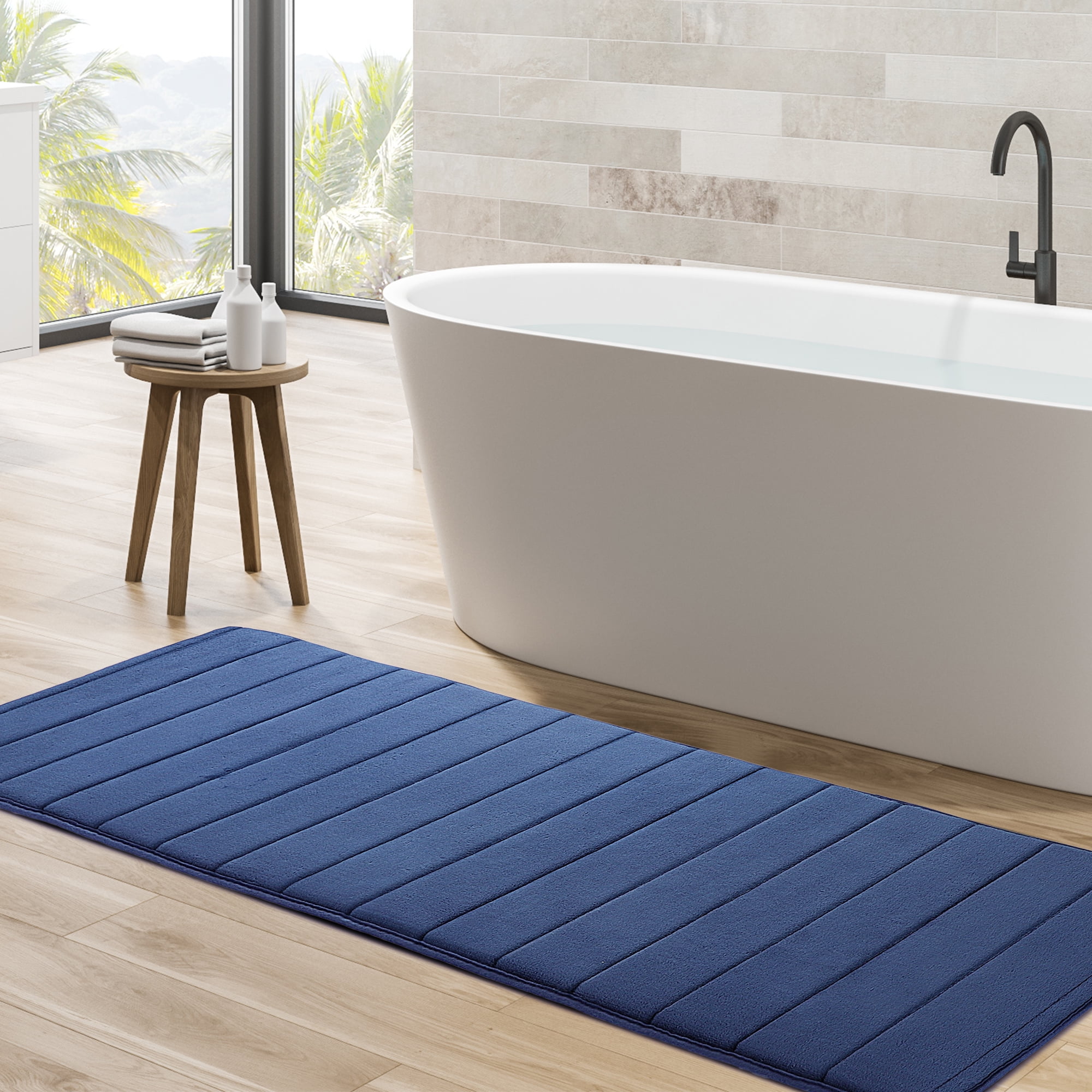 PiccoCasa Absorbent Soft Long Washable Non-Slip Memory Foam Bath Tub Mat  Floor Runner Rug Blue 16 x 47
