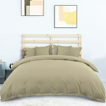 PiccoCasa Microfiber Duvet Cover Set 5 Piece Bedding Set with Wooden Buttons, Twin Khaki