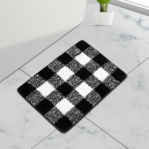 REGALWOVEN Microfiber Plaid Bathroom Rugs, Extra Soft Fluffy Absorbent Bath Rug Black & White 17"x24"