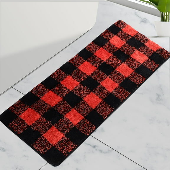 REGALWOVEN Microfiber Plaid Bathroom Rugs, Extra Soft Fluffy Absorbent Bath Rug Black & Red 17"x47"