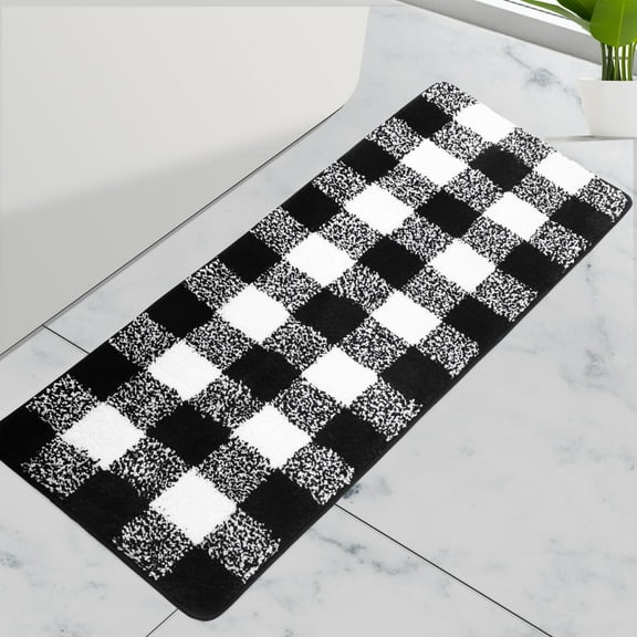 REGALWOVEN Microfiber Plaid Bathroom Rugs, Extra Soft Fluffy Absorbent Bath Rug Black & White 17"x47"