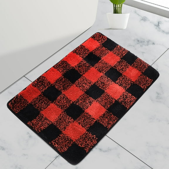 PiccoCasa Microfiber Plaid Pattern Bathroom Rugs Soft 20''x30'' Black and Red