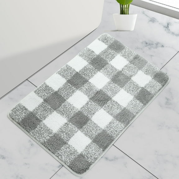 PiccoCasa Microfiber Plaid Pattern Bathroom Rugs Soft 20''x30'' Gray and White