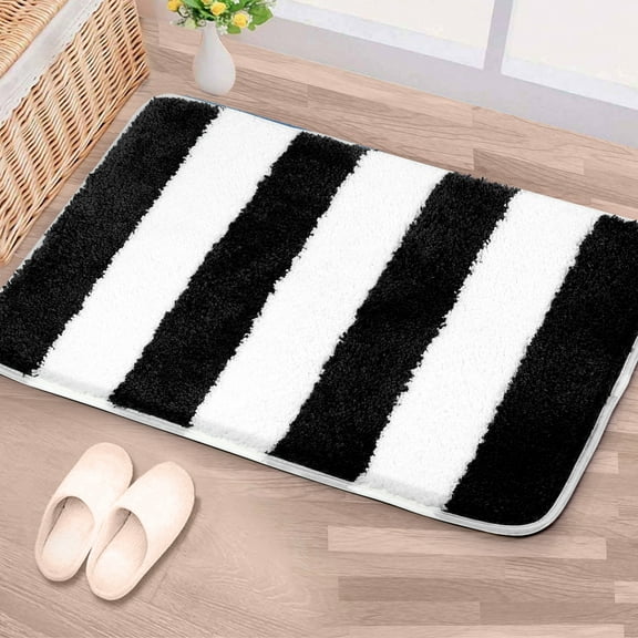 PiccoCasa Microfiber Striped Bathroom Rugs Non Slip Black&White 20"x31"