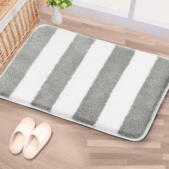 REGALWOVEN Microfiber Striped Bathroom Rugs, Shaggy Soft Thick&Water Absorbent Bath Mat Gray&White 20"x31"