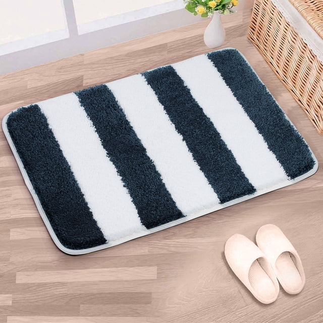 PiccoCasa Microfiber Striped Bathroom Rugs Non Slip Moroccan Blue&White 17"x24"