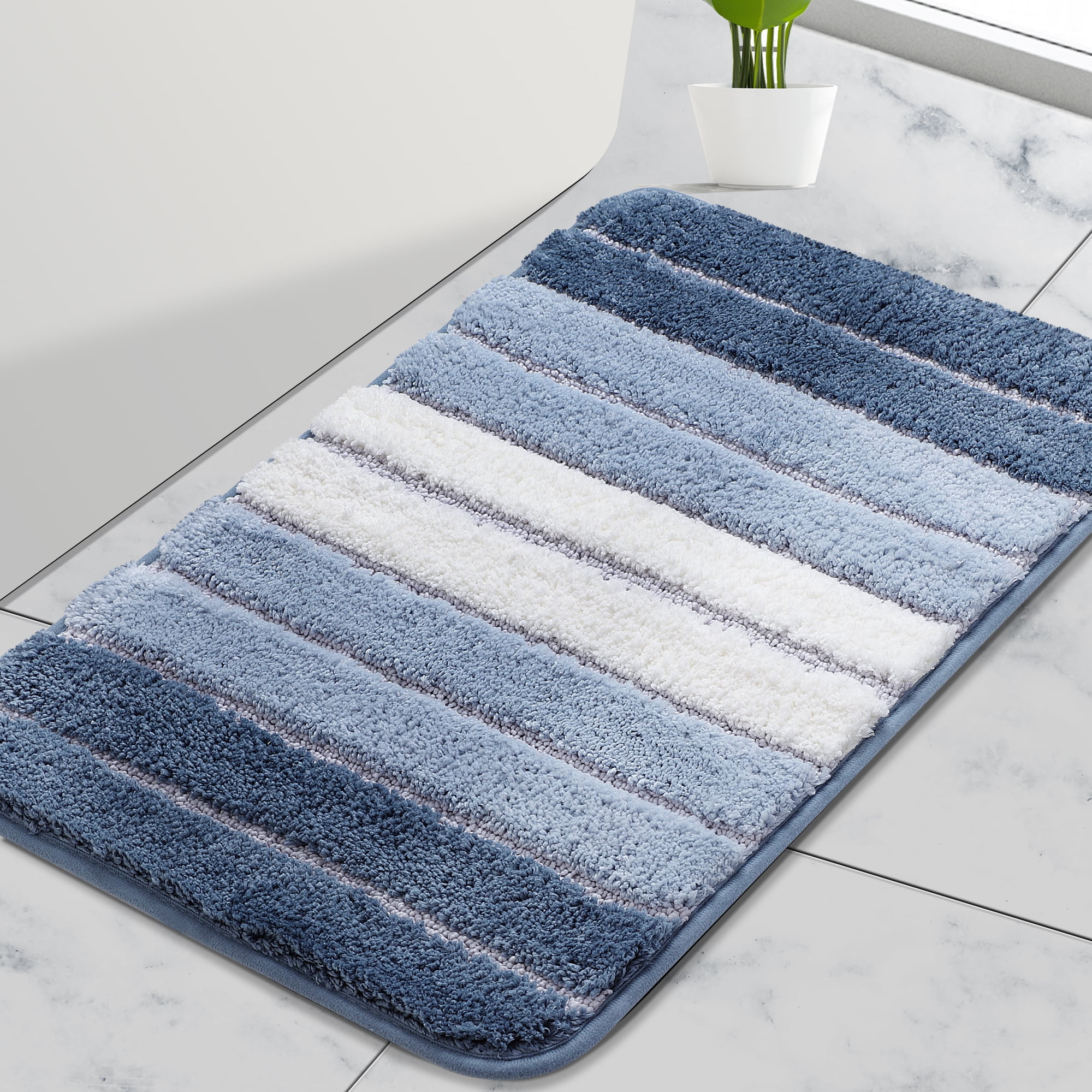 PiccoCasa Microfiber Striped Bathroom Rugs Non Slip Soft Blue 20"x31"
