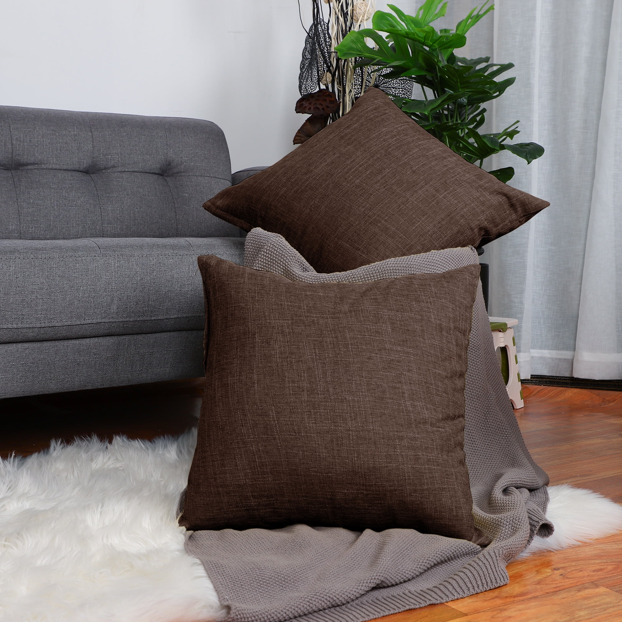 Brown Cotton Linen Euro Square Throw Pillow Covers, 18x18, Set of 2