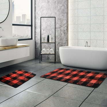 PiccoCasa Pack of 2 Microfiber Plaid Bathroom Rugs Soft 17''x24'' & 17''x47'' Black and Red