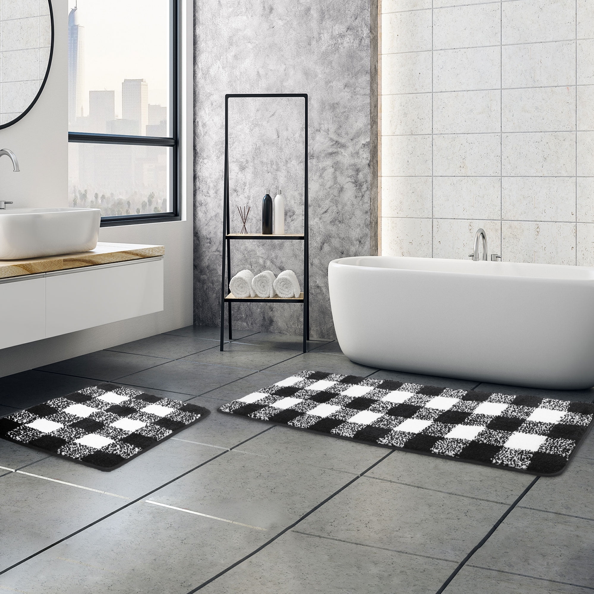 REGALWOVEN Microfiber Plaid Bathroom Rugs, 2 Pcs Extra Soft Fluffy Absorbent Bath Rug Black & White 17"x24"&17"x47"