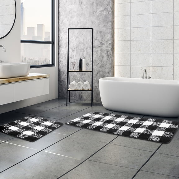 REGALWOVEN Microfiber Plaid Bathroom Rugs, 2 Pcs Extra Soft Fluffy Absorbent Bath Rug Black & White 17"x24"&17"x47"