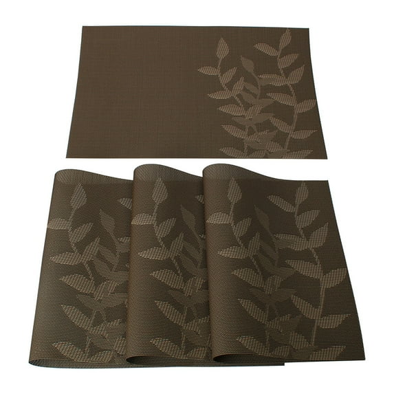 PiccoCasa Placemats PVC Non-slip Mats Rectangle Leaf Pattern, Coffee Color, 4pcs