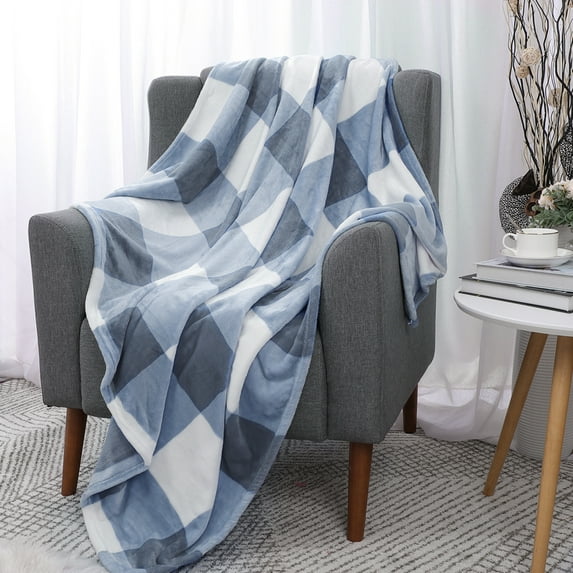 PiccoCasa Plaid Blanket Fuzzy Plush Blanket for Bed, Blue and White Twin/60"*78"