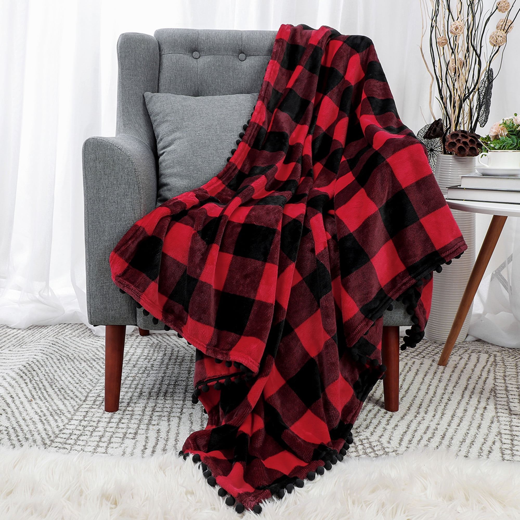 PiccoCasa Plaid Flannel Fleece Polyester Blanket 50x60, Red and Black 