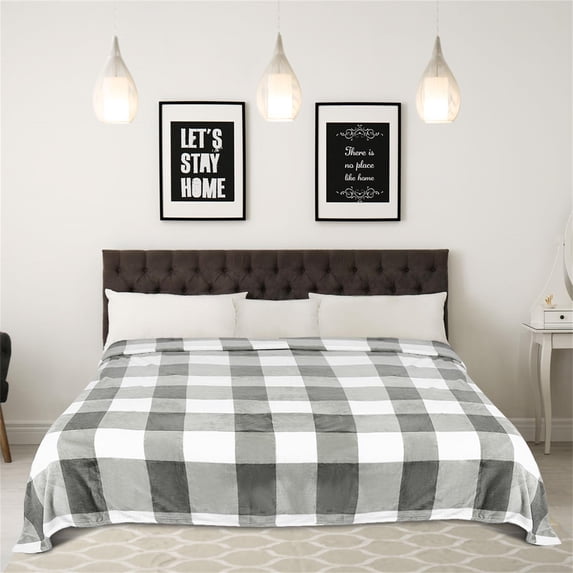 PiccoCasa Plaid Throw Blanket Decorative Flannel Fleece Blanket for Bed Couch, Gray and White Queen (90"*90")