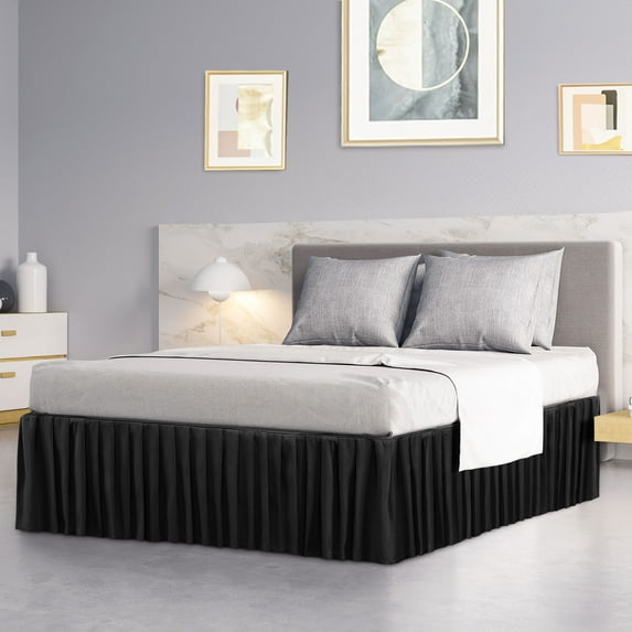 PiccoCasa Polyester Bed Dust Ruffle Bed Skirt 3 Sided Coverage, King, Black