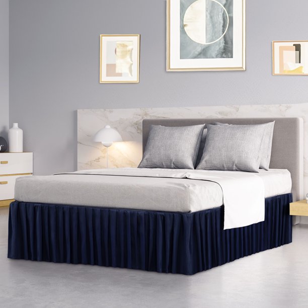 PiccoCasa Pleated Bed Skirt - 14 Inch Drop Navy Blue Full Size | Classic Polyester Dust Ruffle Valance-1036304
