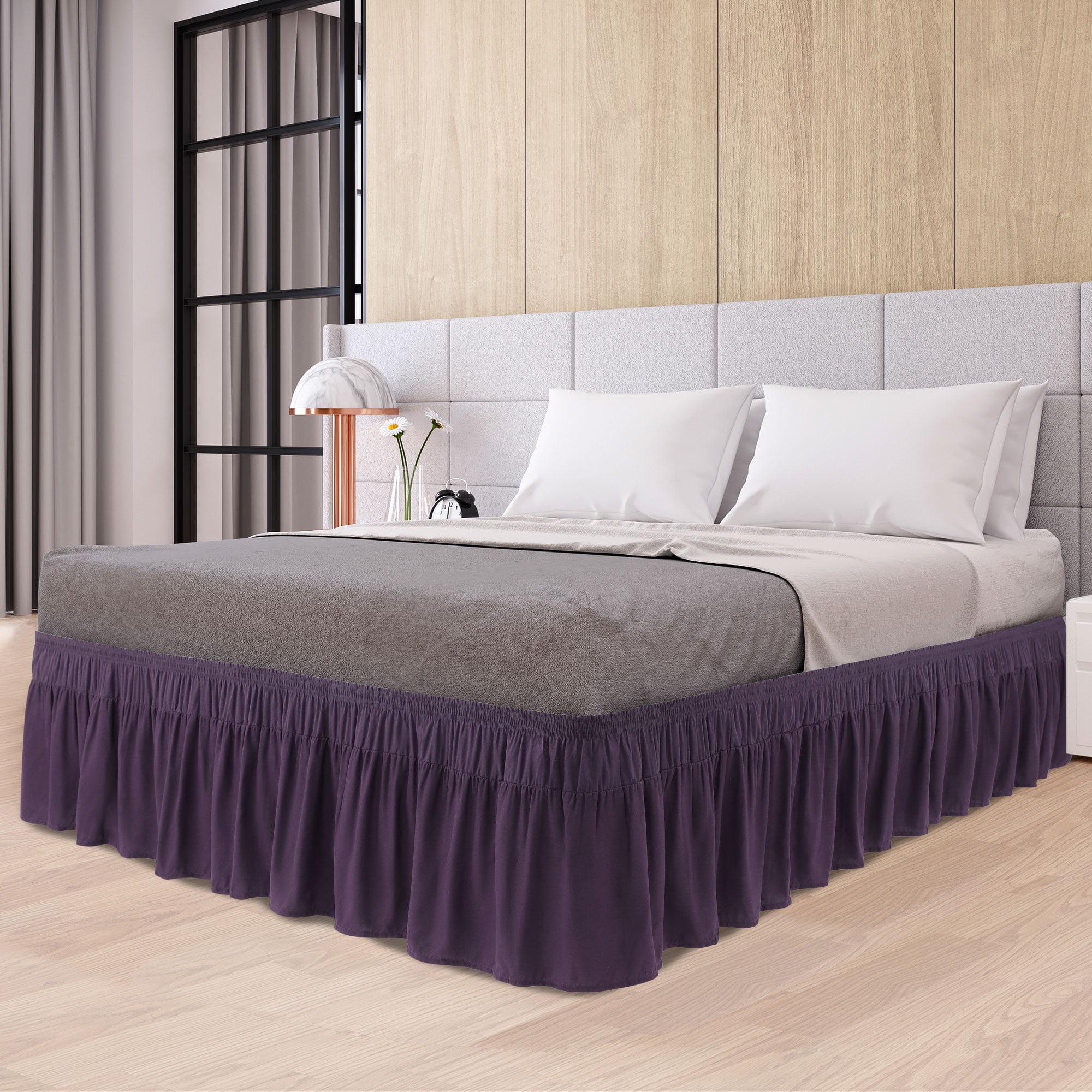 PiccoCasa Polyester Brushed Bed Skirt with Elastic Dust Ruffles 16" Drop, Full Dark Purple
