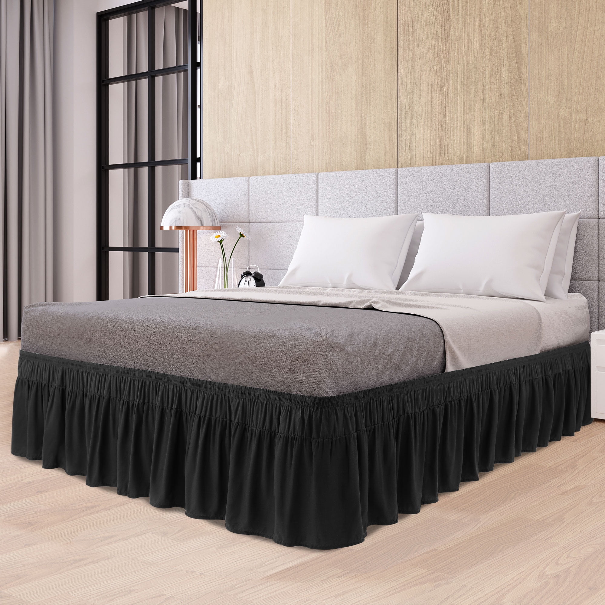 PiccoCasa Polyester Brushed Bed Skirt with Elastic Dust Ruffles 16" Drop, Queen Black