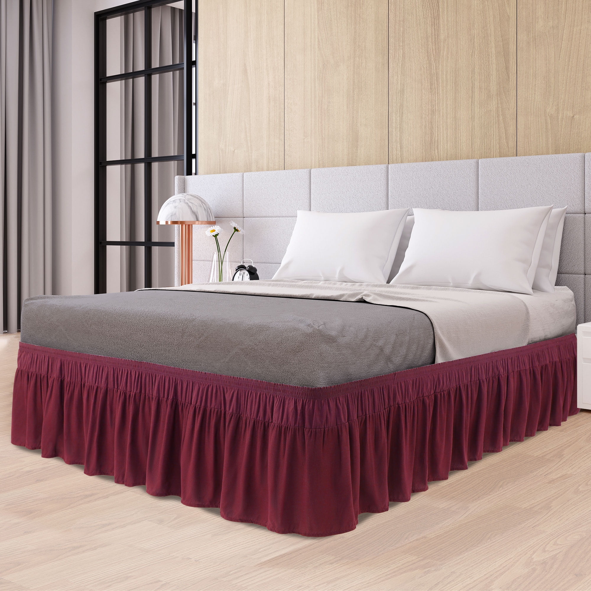 PiccoCasa Polyester Brushed Bed Skirt with Elastic Dust Ruffles 16" Drop, Queen Burgundy
