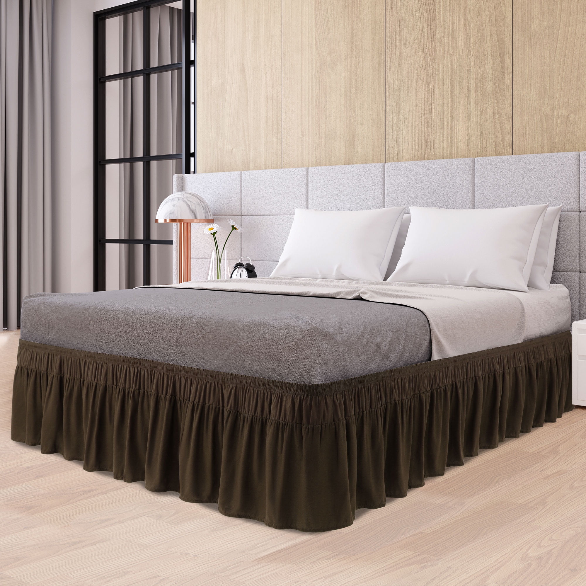 REGALWOVEN Polyester Brushed Bed Skirt with Elastic Dust Ruffles 16" Drop, Queen Dark Brown