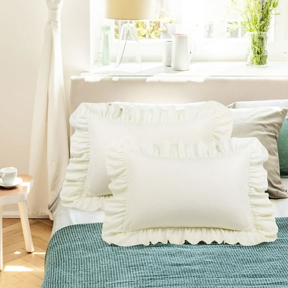 PiccoCasa Polyester Ruffle Pillowcases 2 Pcs with Envelope Cream King