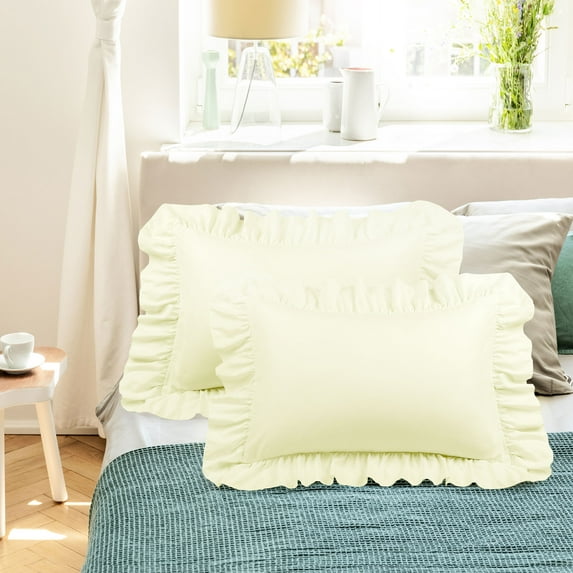 PiccoCasa Polyester Ruffle Pillowcases 2 Pcs with Envelope Cream Queen
