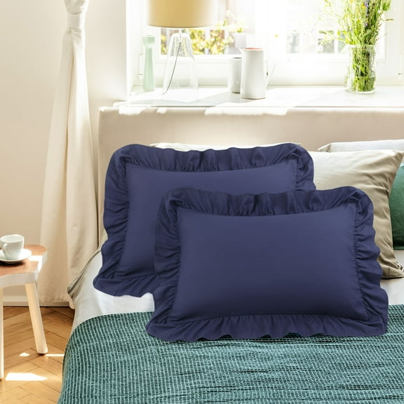 PiccoCasa Polyester Ruffle Pillowcases 2 Pcs with Envelope Navy Blue Queen