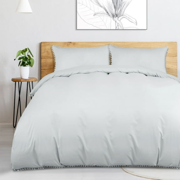 PiccoCasa Pompoms Brushed Microfiber Duvet Cover Set,3 Piece, Twin Gray