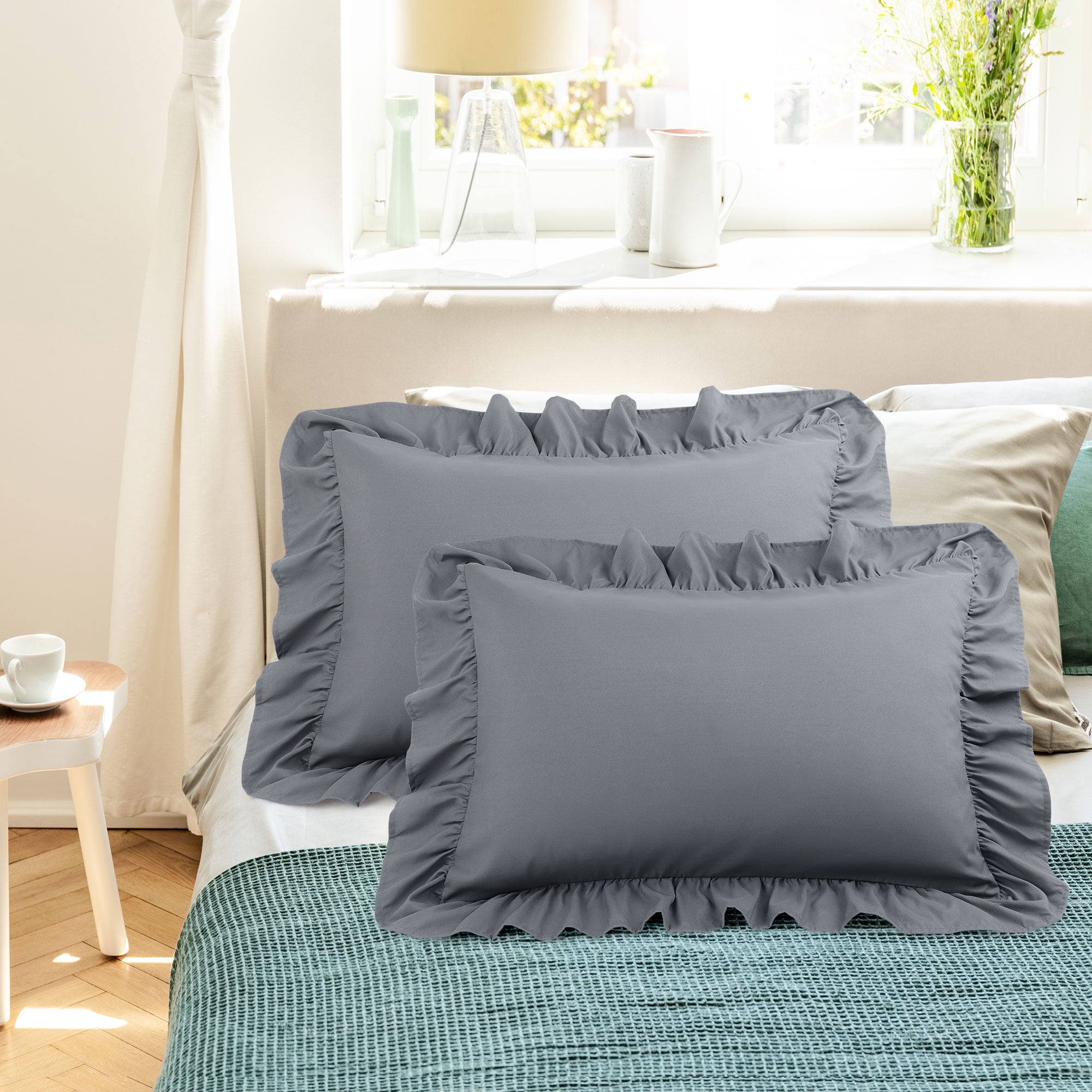 REGALWOVEN Ruffled Pillow Shams Set of 2, Soft Breathable Pillow Covers with Envelope Closure Dark Gray King