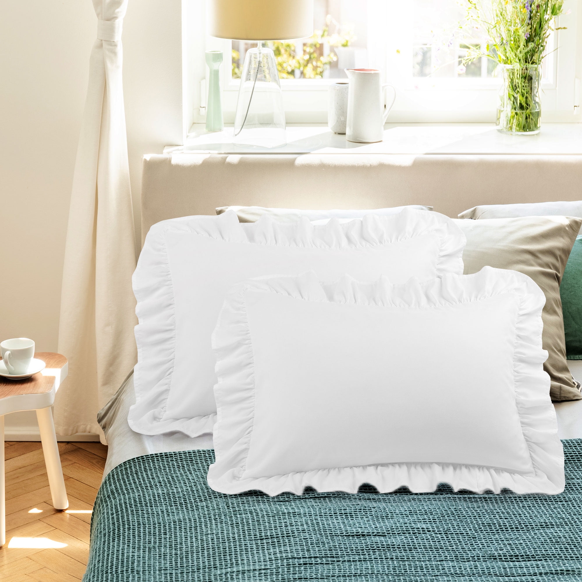 REGALWOVEN Ruffled Pillow Shams Set of 2, Soft Breathable Pillow Covers with Envelope Closure White Queen