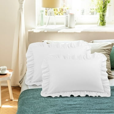 PiccoCasa Ruffled Pillow Shams Set of 2, Soft Breathable Pillow Covers with Envelope Closure White Queen