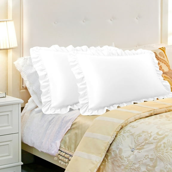 PiccoCasa Satin Pillowcase Ruffled Pillow Shams Set of 2, Standard White