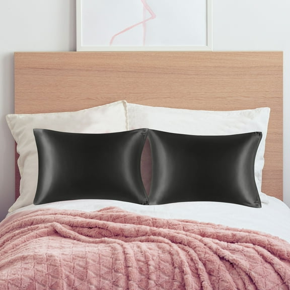 PiccoCasa Satin Pillowcases for Skin Set of 2, Zipper Closure Black Travel