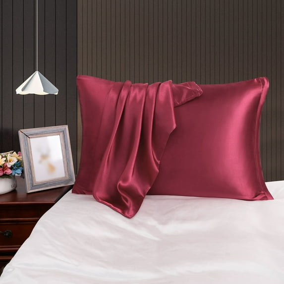 PiccoCasa Satin Pillowcases for Skin Set of 2, Zipper Closure Burgundy King