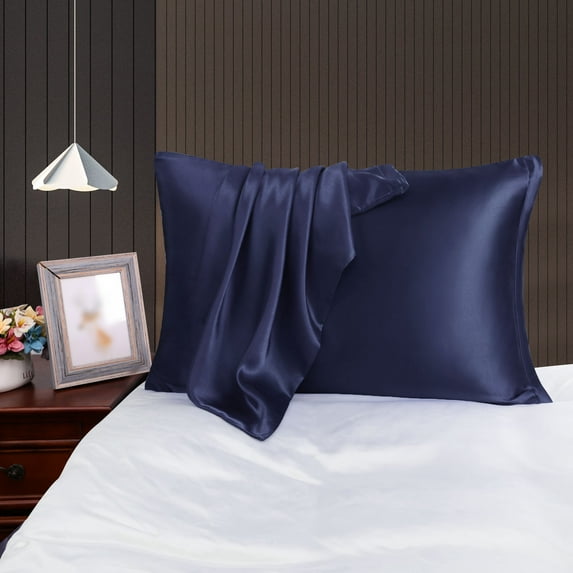 PiccoCasa Satin Pillowcases for Skin Set of 2, Zipper Closure Navy Queen
