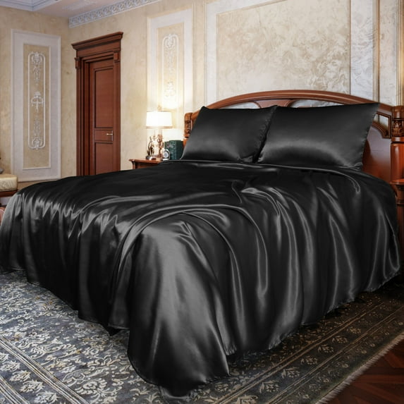 PiccoCasa Satin Sheet Set 4 Pcs Polyester Silky and Soft Sheets Black Queen