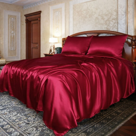 PiccoCasa Satin Sheet Set 4 Pcs Polyester Silky and Soft Sheets Burgundy Queen