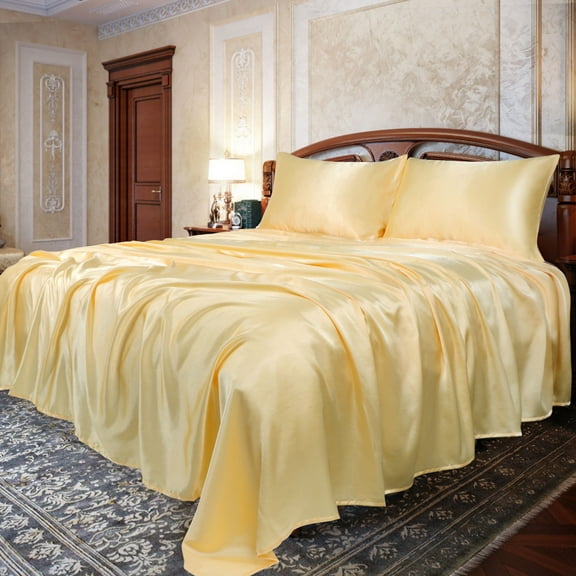 PiccoCasa Satin Sheet Set 4 Pcs Polyester Silky and Soft Sheets Gold King