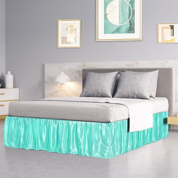 PiccoCasa Satin Silk Wrap Around Bed Skirt Dust Ruffle 18" Drop, King Cyan