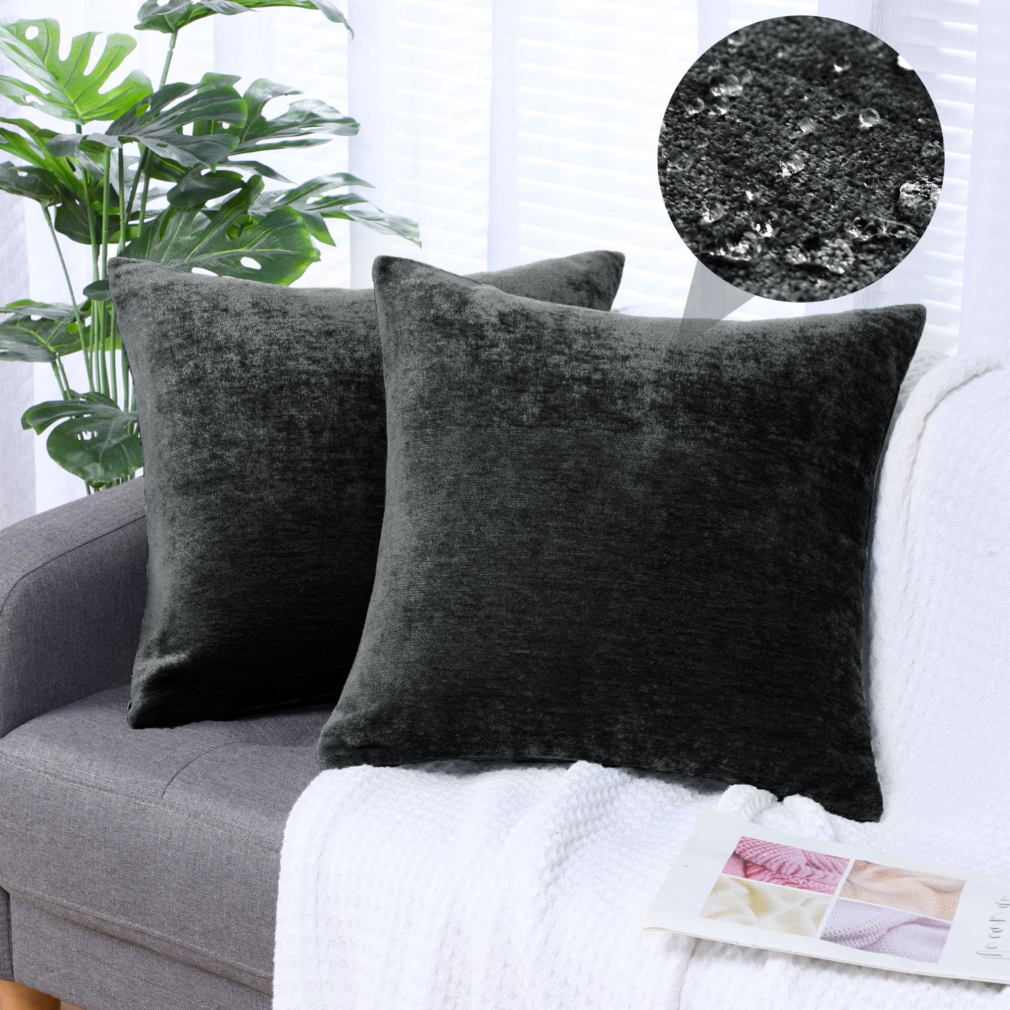 REGALWOVEN Set of 2 Chenille Throw Pillow Covers, Soft Decorative Cushion Covers Black 20x20 Inch