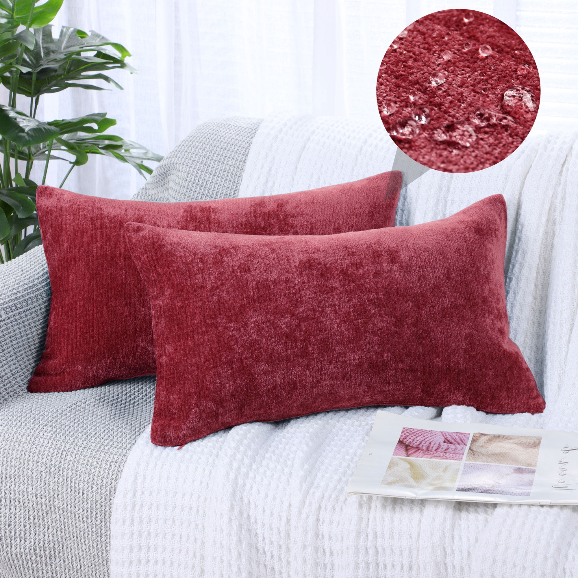 REGALWOVEN Set of 2 Chenille Throw Pillow Covers, Soft Decorative Cushion Covers Burgundy 12x20 Inch