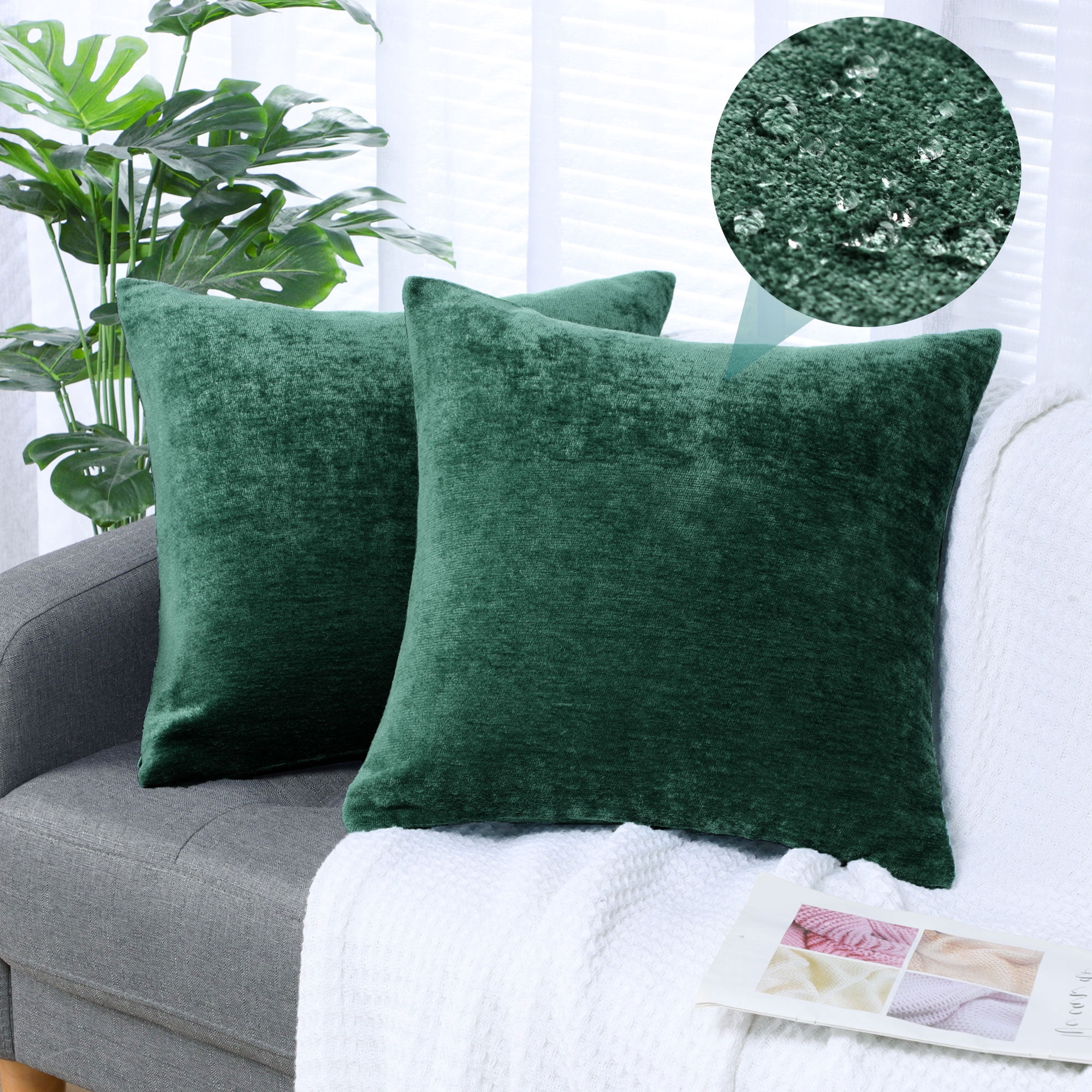 REGALWOVEN Set of 2 Chenille Throw Pillow Covers, Soft Decorative Cushion Covers Emerald Green 18x18 Inch